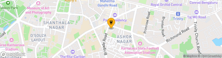 Map showing a marker over 12.9708709, 77.6073208