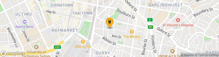 Map showing a marker over -33.881213599999995, 151.2110349