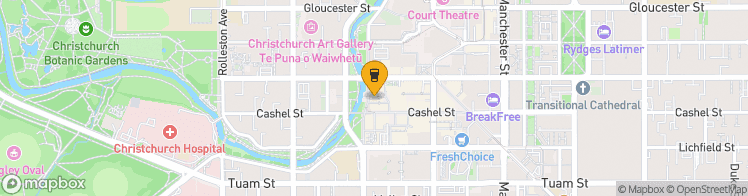 Map showing a marker over -43.532660199999995, 172.63408239999998